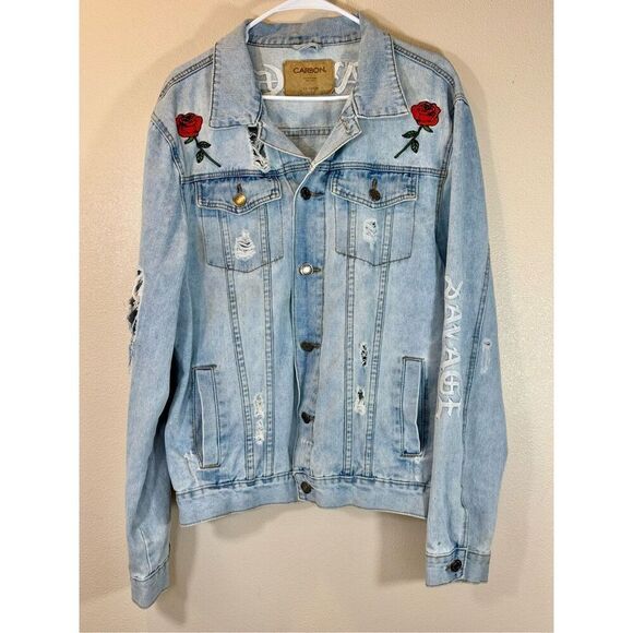 Carbon Savage Embroidered Dragon Rose Distressed Ripped Denim Jacket, Men's XXL - Picture 1 of 12